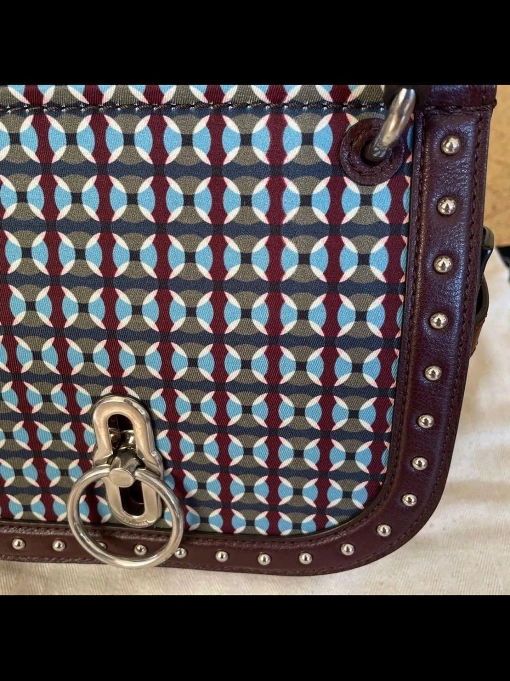 Mulberry Burgundy and Light Blue Geometric Top-Handle Satchel